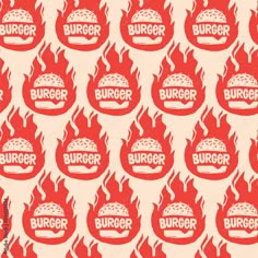 a pattern with the word burger written in white on a red background that has flames coming out of it