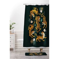 a shower curtain with a tiger design on it