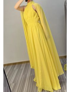 A-Line Evening Gown Maxi Dress Formal Wedding Guest Floor Length Sleeveless High Neck Capes Chiffon with Ruched Sleeveless Chiffon Wedding Gown, Yellow Sleeveless Evening Dress For Wedding, Yellow Sleeveless Evening Dress For Banquet, Floor-length Chiffon Wedding Dress With Pleated Bodice, Wedding Chiffon Dress With Pleated Bodice, Yellow Sleeveless Gown For Prom Season, Elegant Yellow Floor-length Chiffon Dress, Elegant Yellow Maxi Chiffon Dress, Elegant Yellow Maxi Length Chiffon Dress