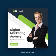 a woman in business attire standing with her arms crossed and the words digital marketing agency on it