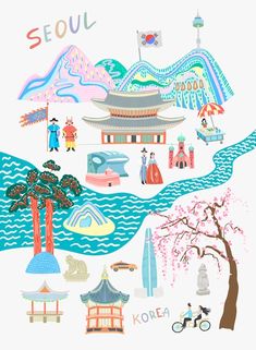 Seoul Map, Korean Illustration, Seoul Korea Travel, Seoul Travel, Travel Card, Art Exhibits, Flat Vector Illustration, Korean Design, 카드 디자인