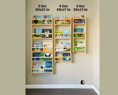 three wooden bookshelves on the wall with measurements for each book in front of them