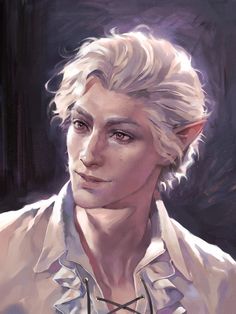 a painting of a man with blonde hair wearing a white shirt and necklace on his neck