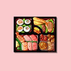 an illustration of sushi and other food items on a black tray with pink background