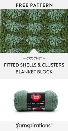 crochet, knitted shells and clusters blanket block with text that reads free pattern