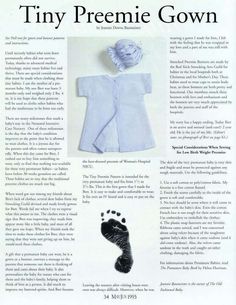 an article about tiny baby clothes with footprints on the front and bottom, as well as text that reads tiny preemie gown