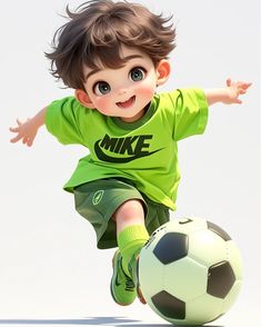 a young boy kicking a soccer ball on top of a white field with his hands out