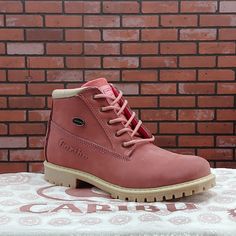 *Womens Nubuck Lace-Up Boots *Style# 615 *Color: Pink + Height: 1" *Shaft Height: 4.25" *Imported *Materials: Upper: Bovine Leather Lining: Textil Outer Sole: Synthetic Pink Boots, Boots Style, Pink Heels, Timberland Boots, Lace Up Boots, Fashion Boots, Bootie Boots, Heel Height, Ankle Boots