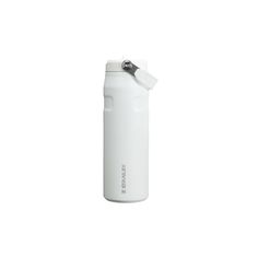 a white water bottle with a silver lid and a black handle on the side, against a white background