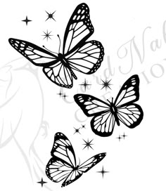 three butterflies flying in the air with stars around them, and one is black on white