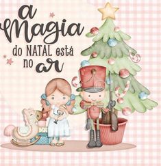 a christmas card with two children and a dog next to a christmas tree that says, la magja do natal esta no as