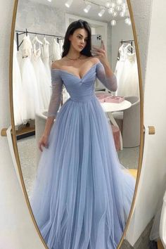 Tulle Long Prom Dress, Long Sleeve Bridesmaid Dress, A Line Evening Dress, Blue Tulle, Long Sleeve Evening Dresses, Grad Dresses, Prom Dresses With Sleeves, Prom Dresses Long With Sleeves