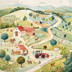 a painting of farm animals and tractors on a country road