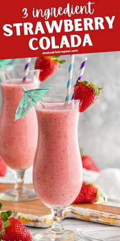 two glasses filled with strawberry cola on top of a table