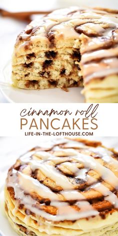 cinnamon roll pancakes with icing on top