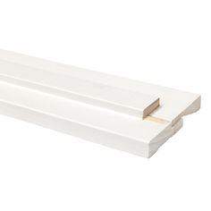 a white plastic shelf with gold trim on the top and bottom edge, against a white background