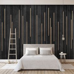 a modern bedroom with black and gold wallpaper