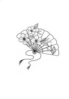 a black and white drawing of flowers on a fan