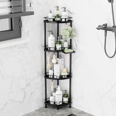 a corner shelf with bottles and soaps on it next to a bathtub in a bathroom