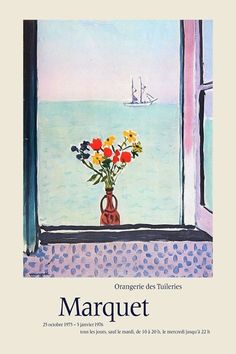 a painting of flowers in a vase on a window sill with the ocean behind it