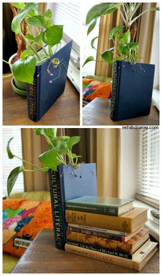 there are books stacked on top of each other with plants growing out of the covers