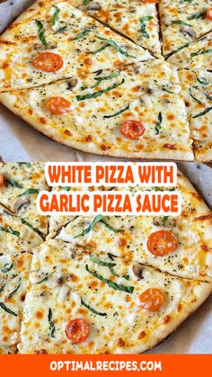 two slices of white pizza with garlic and tomato sauce