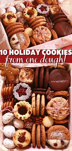 2 pictures of holiday cookie box with 10 kinds of holiday cookies Christmas Cookie Boxes, Christmas Cookie Recipes Holiday, Christmas Cookie Box, Christmas Cookies Gift, Christmas Cookie Recipes, Winter Cookie, Christmas Cookie Exchange, Make 10, Christmas Cookies Easy