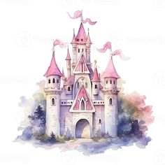 a watercolor drawing of a castle with turrets and flags on it's roof