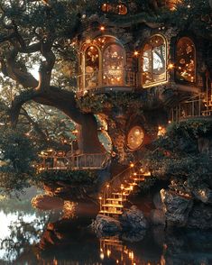 a tree house is lit up with fairy lights on the windows and steps leading to it