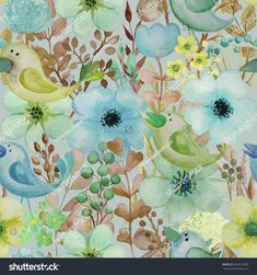 watercolor flowers and birds on a white background with blue, yellow and green colors