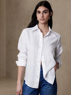 The Classic Linen Shirt | Banana Republic Classic White Button Down Shirt Women, Timeless Summer Shirt With Spread Collar, Timeless Relaxed Fit Tops With Button Closure, Timeless Summer Tops With Spread Collar, Timeless Button-up Shirt For Summer, Timeless Button-up Summer Shirt, Timeless Relaxed Fit Tops For Daywear, Classic Linen Top With Spread Collar, Classic Linen Tops With Spread Collar