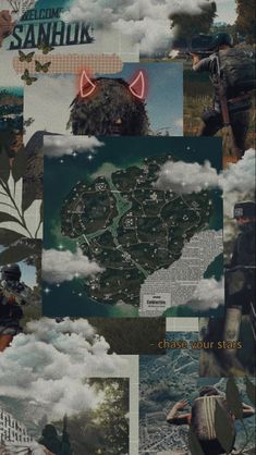 a collage of photos with clouds, trees and people in the middle one has a map on it