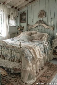 an old fashioned bed in a bedroom with blue walls