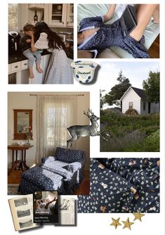 a collage of photos with children in the kitchen, living room, and bedroom