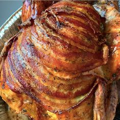 a roasted turkey is shown on a platter