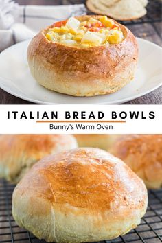 bread bowls filled with different types of food on top of a wire rack and in the middle