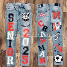 Homecoming Spirit Jeans School Pride Jeans Senior Jeans Spirit Jeans Football Jeans HOCO Jeans - Etsy Painted Pants School Spirit, School Spirit Pants, Diy Painted Pants, Spirt Jeans, Homecoming Spirit Week Ideas, Hoco Jeans Painted, Dress Up Days Ideas, Homecoming Pants Ideas, Football Jeans