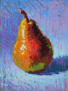 a painting of a pear on a purple background