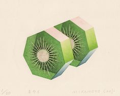 a drawing of two pieces of green and white paper with the shape of a kiwi