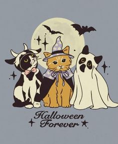 three cats and two dogs dressed up in halloween costumes, with the moon behind them