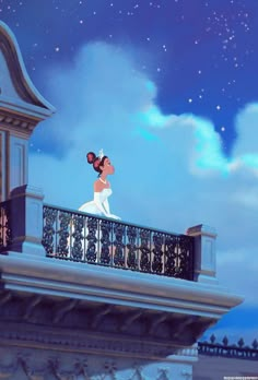 a woman standing on top of a balcony next to a clock tower under a sky filled with stars