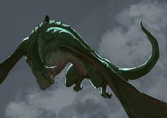 a large green dragon flying through the air with clouds in the backgroung