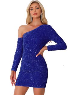 Shop Allegra K for sequin velvet one shoulder party mini bodycon dress you are looking for, get more women's dresses for yourelf. Order now! Free Returns! Fitted Bodycon Dress, Dress Royal Blue, Cocktail Night, Dress Royal, Midi Slip Dress, Dresses Royal, Royal Blue Dresses, Sweater Dress Midi, Women Maxi