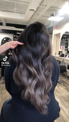 Dark Beige Brunette Hair, Hair Color For Dark Complexion, Dark Ash Balayage Brunettes, Dark Ash Brunette Hair, Muted Brown Balayage On Black Hair, Dark Ash Balayage Hair, Long Dark Ash Brown Hair, Black Balayage Hair Ash, Full Balayage On Black Hair