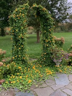 an arch made out of vines and flowers in the middle of a garden with stone walkway