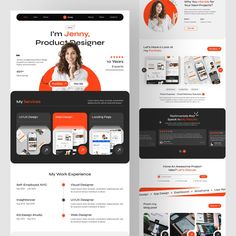 an image of a website design with orange and black accents on the front, side and back pages