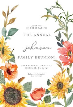 the sunflowers and leaves are arranged in an ornate frame on this floral family reunion card