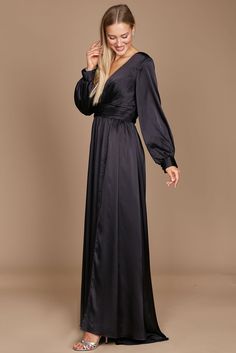 Are you trying to find the ideal long dress that will make you feel both gorgeous and at ease? Check out this gorgeous long-sleeved formal dress! It has a chic split a-line skirt that will accentuate your attractive legs, a trendy and elegant peplum-style bodice, and romantic long sleeves. Elegance, beauty, and comfort are personified in this outfit. Excellent for any special event! Fabric: Satin Length : Full Length Sleeve Style : Long Sleeve Color : Black, Navy Sizes : 8, 10, 12, 14, 16, 18, 2 Sleek Long Sleeve Formal Maxi Dress, Elegant Full Length Maxi Dress For Prom Season, Elegant Full Length Maxi Dress For Prom, Elegant A-line Maxi Dress For Dinner, Chic A-line Maxi Dress For Party Season, Elegant Long Maxi Dress For Fall, Fall Elegant Maxi Dress, Formal Sleek Long Sleeve Fall Dress, Sleek Long Sleeve Evening Dress For Fall