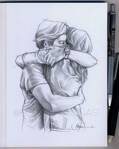 a pencil drawing of two people hugging each other with their arms around one another,