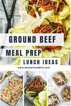 ground beef meal prepped and ready to be eaten with text overlay that reads ground beef meal prepp lunch ideas